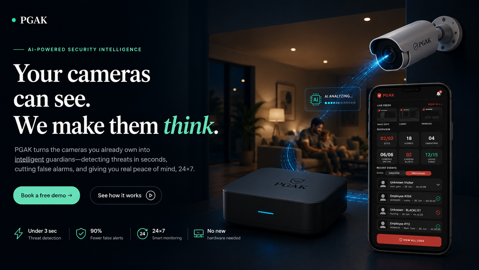PGAK AI security — a CCTV camera feeding the PGAK edge device and the PGAK phone app dashboard with live feeds and alerts, a family relaxing at home in the background.